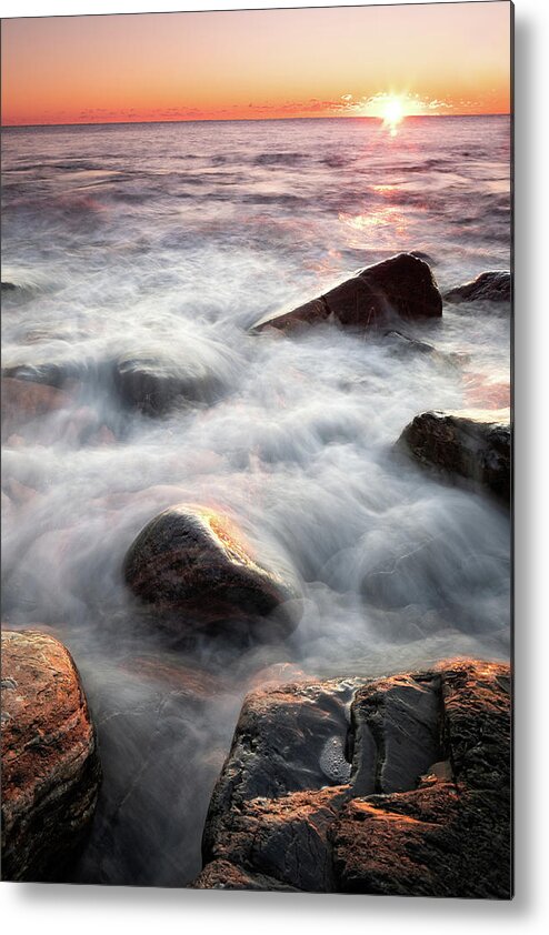 New Hampshire Metal Print featuring the photograph Wet Rocks In The Surf At Sunrise. by Jeff Sinon