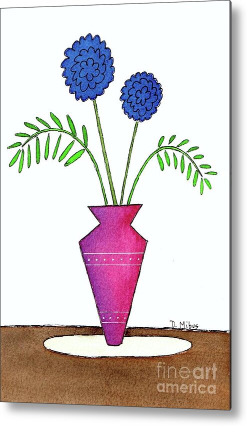 Mid Century Modern Flowers Metal Print featuring the painting Whimsical Blue Flowers in Pinkish Purple Vase by Donna Mibus