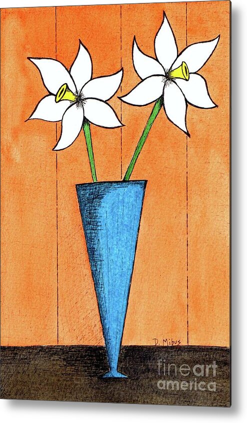 Mid Century Flowers Metal Print featuring the painting Whimsical White Flowers in Blue Vase by Donna Mibus