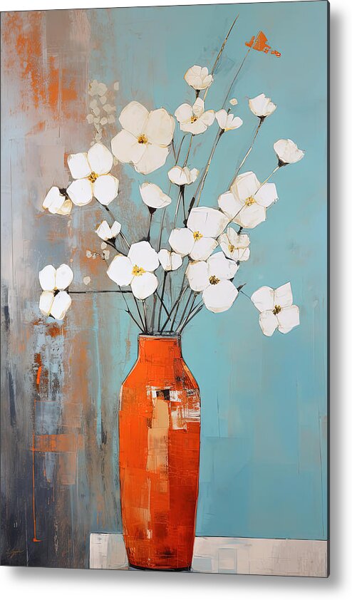 Orange Vase Metal Print featuring the painting White Blooms against a Vibrant Orange by Lourry Legarde