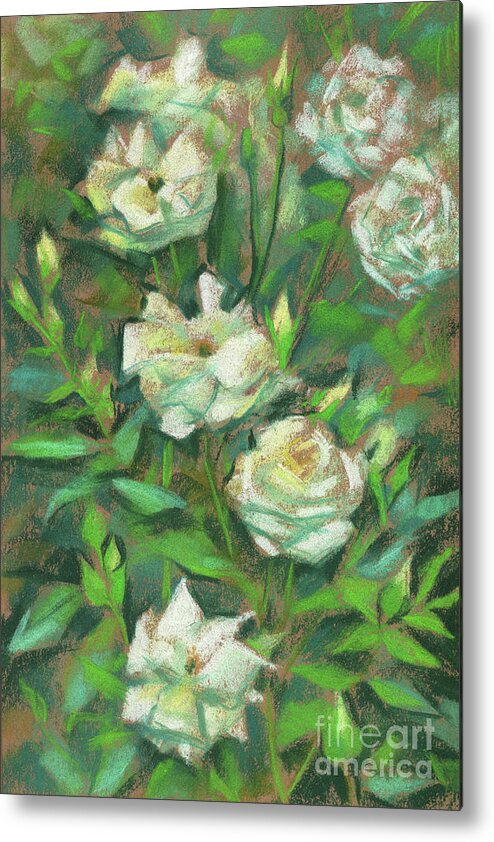 Summer Greenery Metal Print featuring the pastel White Roses, Green Leaves by Julia Khoroshikh