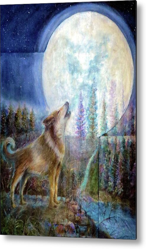 Wolf Metal Print featuring the painting Wolf Howling and Full Moon by Bernadette Krupa
