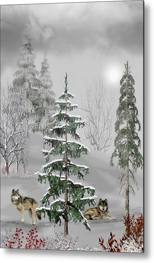 Wolf Metal Print featuring the mixed media Wolves In The Winter Forest Color by David Dehner