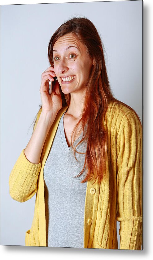 People Metal Print featuring the photograph Woman on cell phone hearing good news by Jena Ardell