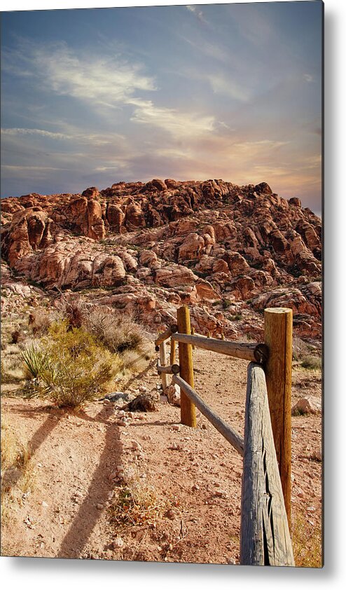 Vegas Metal Print featuring the photograph Wood Rail Fence Into Desert Mountains by Darryl Brooks