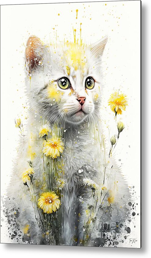 Kitten Metal Print featuring the painting Yellow Daisy Kitten by Tina LeCour