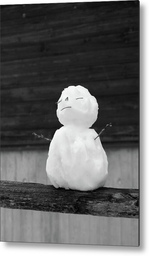 Snowman Metal Print featuring the photograph Zen Fence Sitting Mini Snowman Black and White by Shawn O'Brien