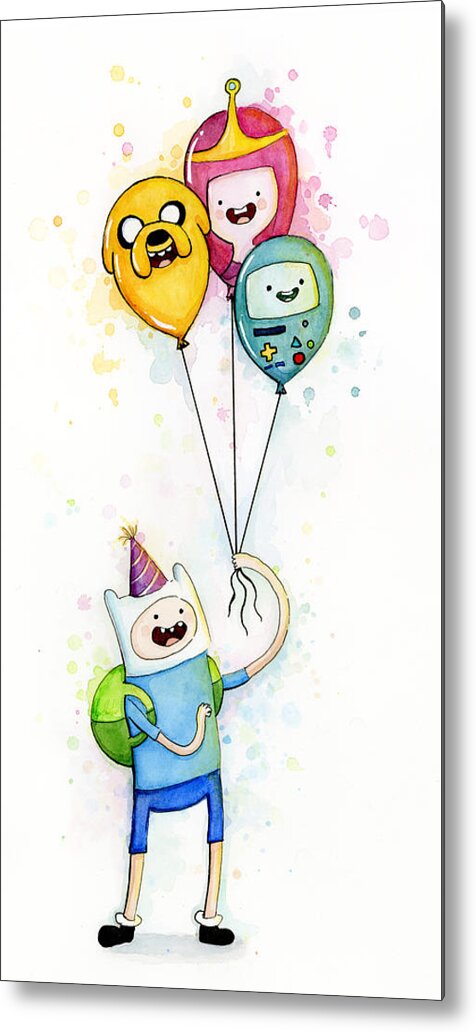 Jake Metal Print featuring the painting Adventure Time Finn with Birthday Balloons Jake Princess Bubblegum BMO by Olga Shvartsur