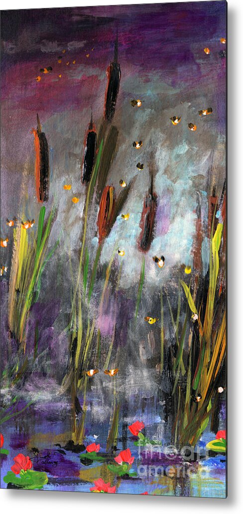 Cattails Metal Print featuring the painting Cattails and Fireflies by Ginette Callaway