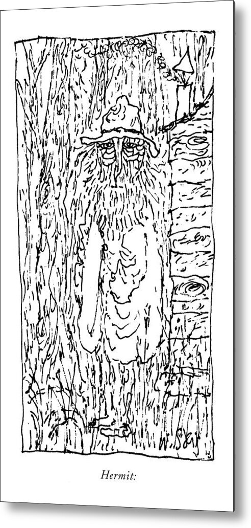 Art Woodcut Artwork Age Old Man Hermit Beard Crazy Artkey 40940 Metal Print featuring the drawing Hermit: by William Steig