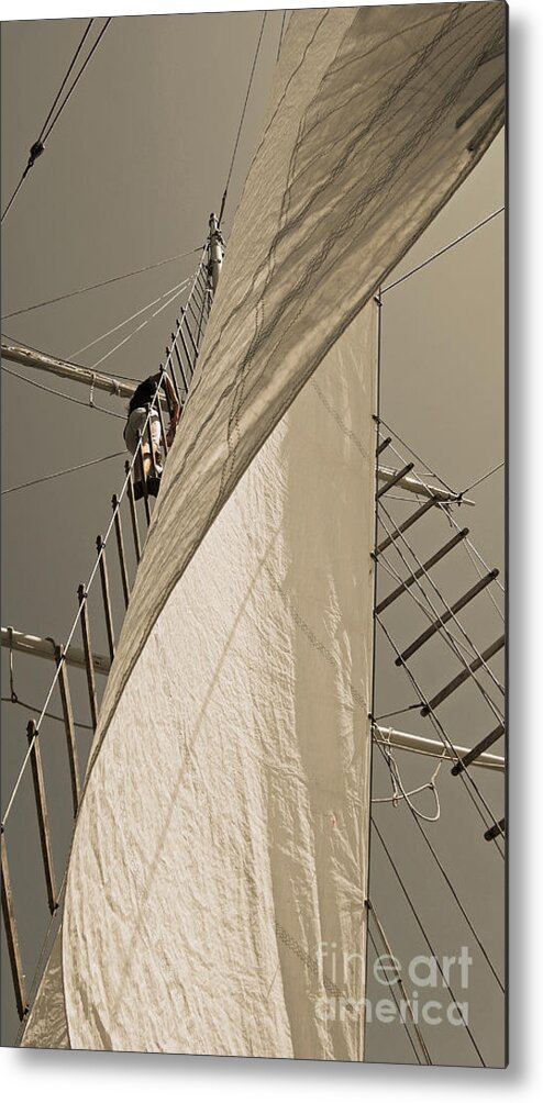 Schooner Metal Print featuring the photograph Hoisting The Mainsail In Sepia by Jani Freimann