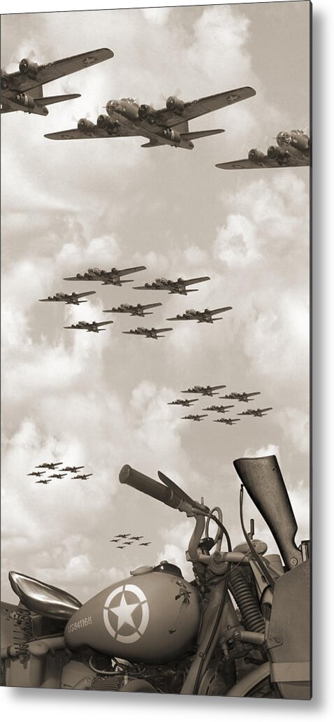 Ww2 Metal Print featuring the photograph Indian 841 And The B-17 Panoramic Sepia by Mike McGlothlen