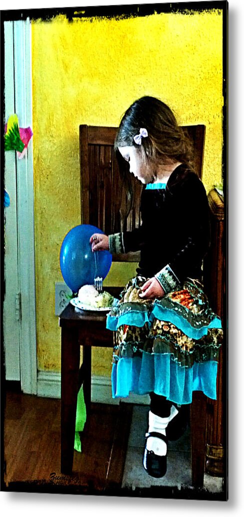 Little Girl At Birthday Party Eating Cake Metal Print featuring the photograph Little Girl At Party by David Zumsteg