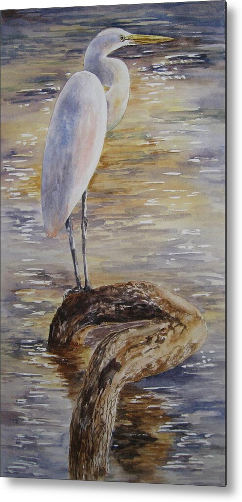 Egret Metal Print featuring the painting Morning Perch-Egret by Mary McCullah