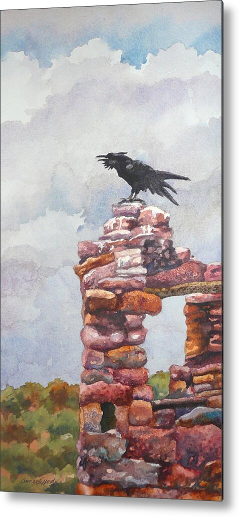Raven Painting Metal Print featuring the painting Raven at Hovenweep by Anne Gifford