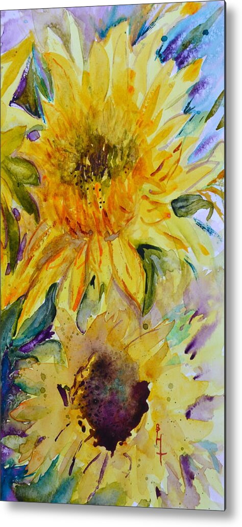 Yellow Metal Print featuring the painting Two Sunflowers by Beverley Harper Tinsley