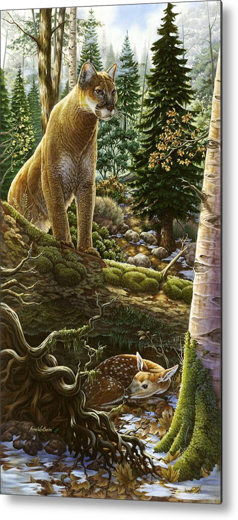 Mountain Lion Metal Print featuring the painting Mountain Lion with Fawn by Anne Wertheim