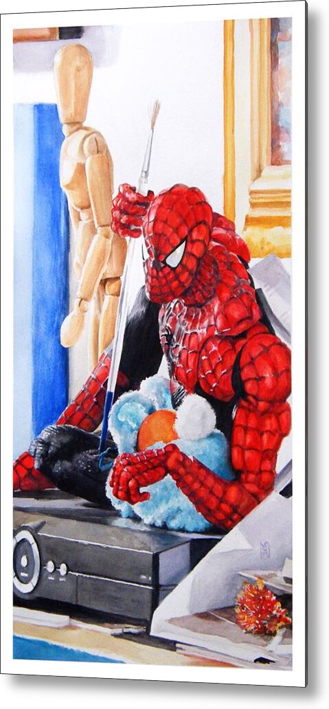Spiderman Metal Print featuring the painting Discovered by Debra Jones