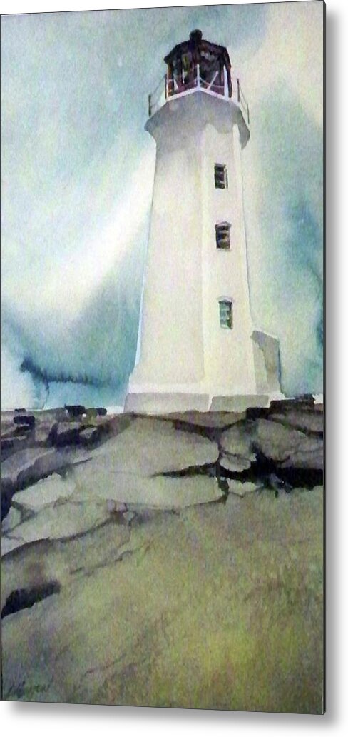 Outdoors Ocean Travel Holidays Light Sky  Metal Print featuring the painting Lighthouse Rock by Ed Heaton