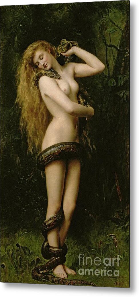 Nude; Female; Snake; Long Hair; Pre-raphaelite; Lilith Metal Print featuring the painting Lilith by John Collier