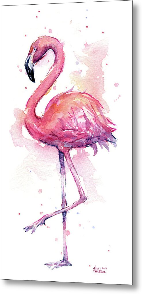Flamingo Metal Print featuring the painting Pink Flamingo Watercolor Tropical Bird by Olga Shvartsur