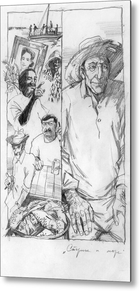 Ernest Hemingway Metal Print featuring the drawing The Old Man and the Sea. Book Illustration by Igor Sakurov