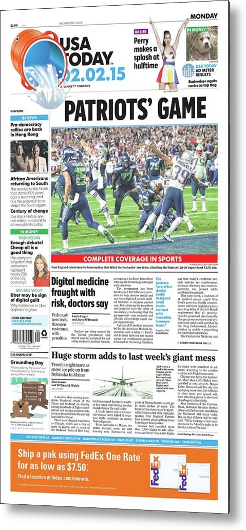 Usa Today Metal Print featuring the digital art 2015 Patriots vs. Seahawks USA TODAY COVER by Gannett