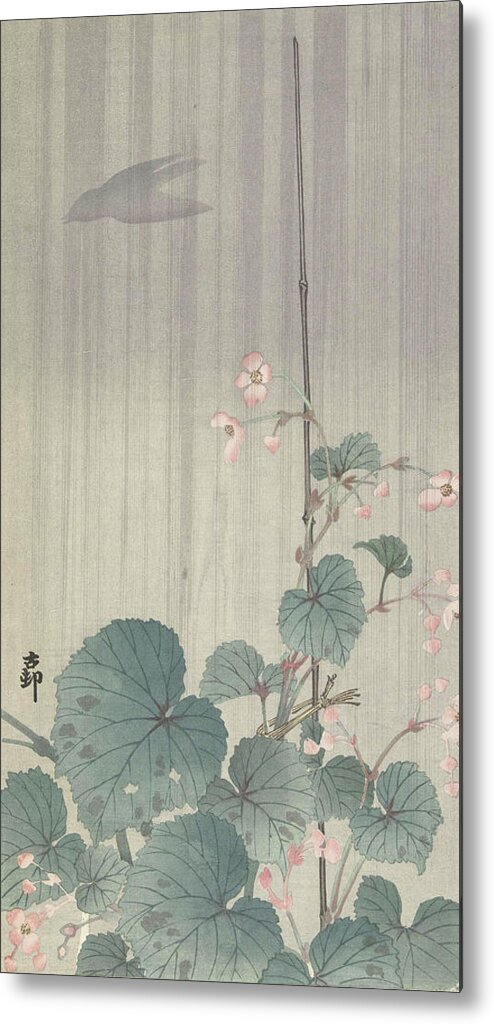 Ohara Koson Mitsuru Adachi Metal Print featuring the painting Begonia in de regen by Ohara Koson Mitsuru Adachi