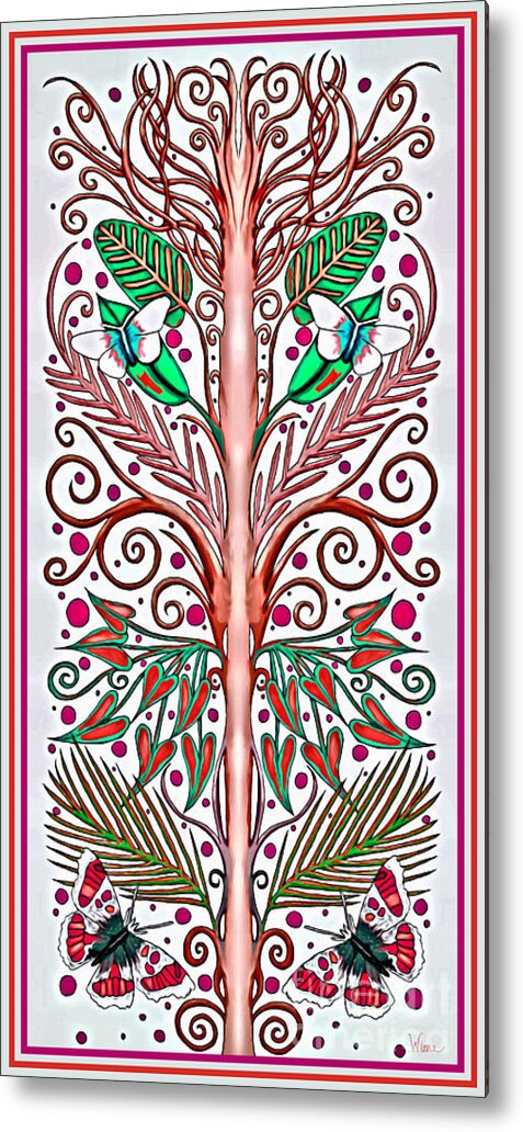 Tree Metal Print featuring the mixed media French-style Tree with Red and Green Leaves with Butterflies by Lise Winne