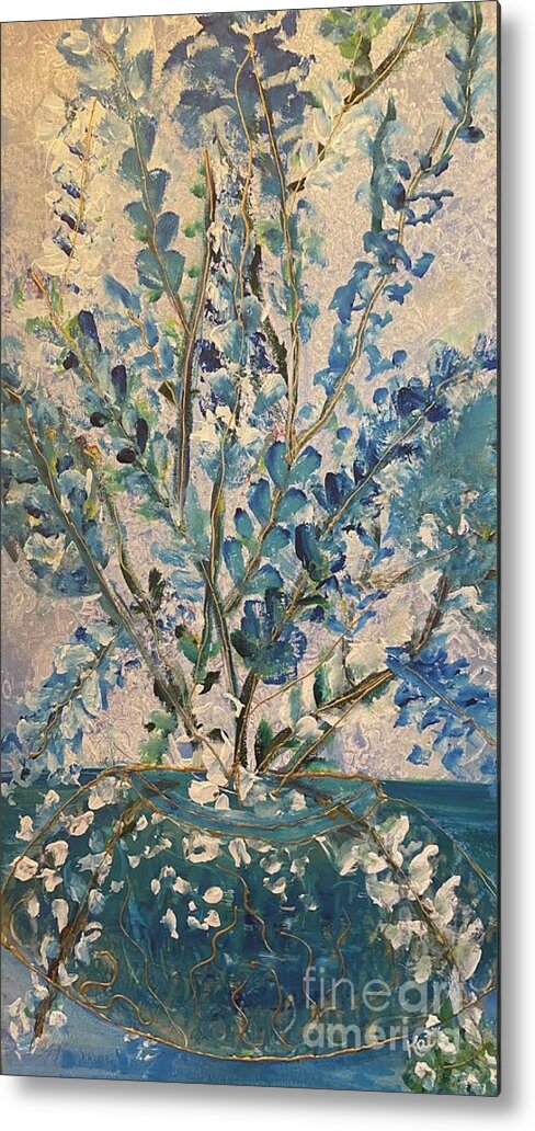 Blue Flowers Happy Metal Print featuring the painting Happy by Kathy Bee