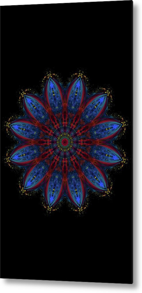 Kosmic Blue Ice Burst Mandala Is A Beautiful And Intricate Design Featuring A Vibrant Blue Palette With A Dazzling Array Of Colors. The Mandala Features A Repeating Pattern Of Circles And Lines Metal Print featuring the digital art Kosmic Blue Ice Burst Mandala by Michael Canteen
