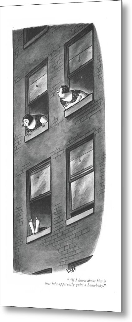110522 Sho Sydney Hoff Man With His Feet Sticking Out The Window. Apartment Apartments Building Buildings Bum Bums Estate Feet ?at Hobbit Home Homes House Lazy Leisure Man Out Real Relax Relaxing Rent Sleeping Sticking Window Metal Print featuring the drawing All I Know About Him Is That He's Apparently by Sydney Hoff