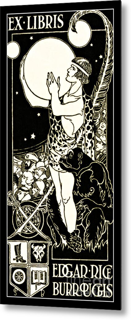 Tarzan Metal Print featuring the drawing Bookplate of Edgar Rice Burroughs with Tarzan and his ape cheetah by Peter Ogden