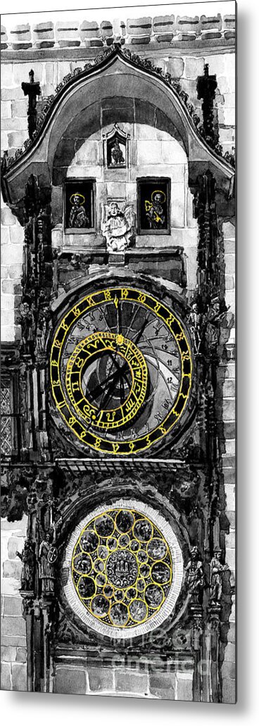 Geelee.watercolour Paper Metal Print featuring the painting BW Prague The Horologue at OldTownHall by Yuriy Shevchuk