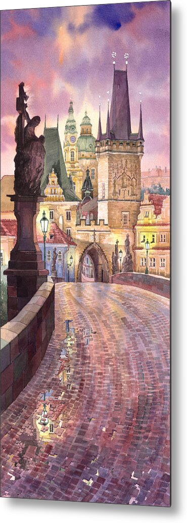 Watercolour Metal Print featuring the painting Prague Charles Bridge Night Light 1 by Yuriy Shevchuk