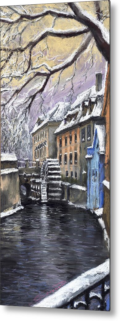 Pastel Metal Print featuring the painting Prague Chertovka Winter by Yuriy Shevchuk