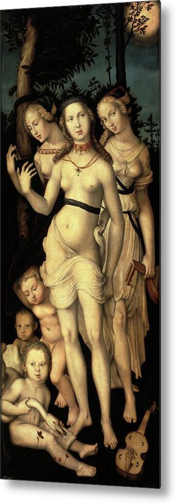 Hans Baldung Metal Print featuring the painting Harmony of the Three Graces, 1541-1544, Oil on panel, 151cm x61 cm. HANS BALDUNG . Aglae. talia. by Hans Baldung Grien -1484-1545-
