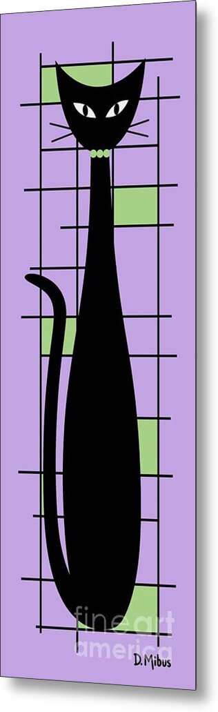 Mid Century Modern Cat Metal Print featuring the digital art Tall Mondrian Cat on Purple by Donna Mibus