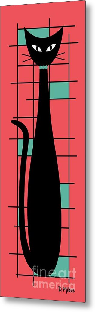 Mid Century Modern Cat Metal Print featuring the digital art Tall Mondrian Cat on Salmon Pink by Donna Mibus