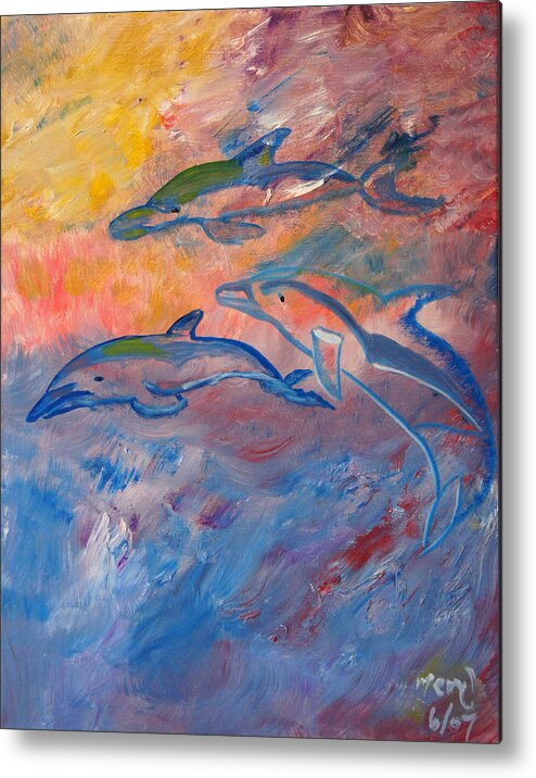 Dolphins Metal Print featuring the painting Soaring Dolphins by Meryl Goudey