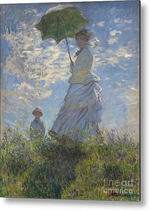 Female; Male; Boy; Child; Hill; Walking; Walk; Stroll; Summer; Outdoors; Mother; Hat; Impressionist; Artists Metal Print featuring the painting Woman with a Parasol Madame Monet and Her Son by Claude Monet