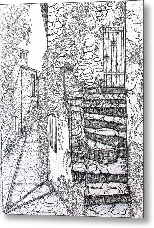 Art Metal Print featuring the drawing Ancient Crumbling Stone Steps Black and White by Ashley Goforth