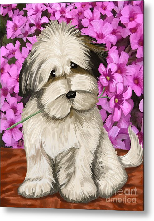 Puppy Metal Print featuring the painting Puppy in the Flowers #1 by Tim Gilliland