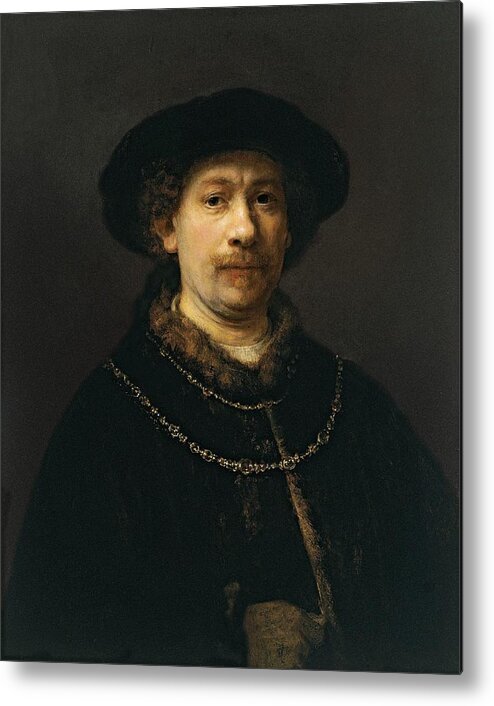 1642-1643 Metal Print featuring the painting Self-portrait wearing a Hat and two Chains #1 by Rembrandt van Rijn
