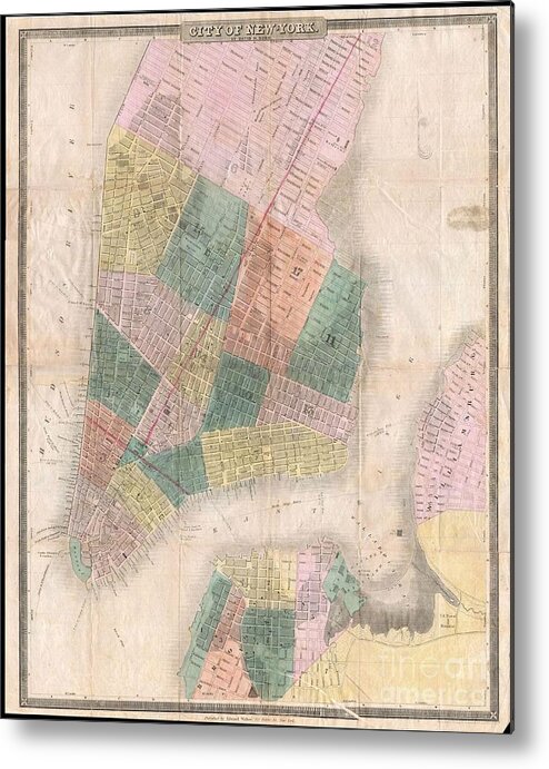This Is The C. 1834-1836 Edition Of David H. Burr And Edward Walker’s Important Pocket Map Of The City Of New York. Covers New York City South Of 26th Street On The West Side And South Of 40th Street On The East Side. Shows The City In Considerable Detail With Attention To Churches Metal Print featuring the photograph 1835 David Burr Map of New York City by Paul Fearn