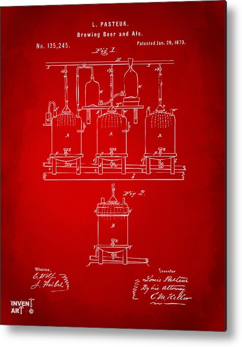 Beer Metal Print featuring the digital art 1873 Brewing Beer and Ale Patent Artwork - Red by Nikki Marie Smith