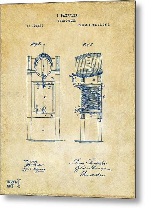 Beer Metal Print featuring the digital art 1876 Beer Keg Cooler Patent Artwork - Vintage by Nikki Marie Smith