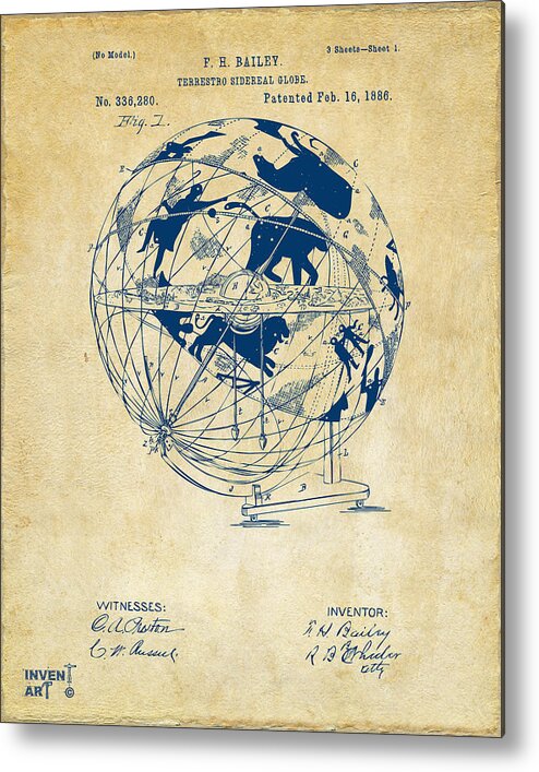 Globe Metal Print featuring the digital art 1886 Terrestro Sidereal Globe Patent Artwork - Vintage by Nikki Marie Smith
