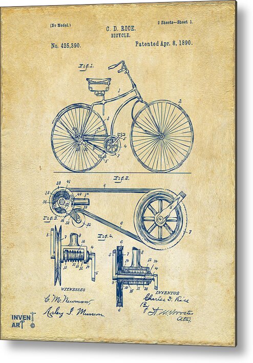 Velocipede Metal Print featuring the digital art 1890 Bicycle Patent Artwork - Vintage by Nikki Marie Smith