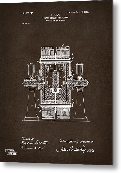 Tesla Metal Print featuring the digital art 1898 Tesla Electric Circuit Patent Artwork Espresso by Nikki Marie Smith
